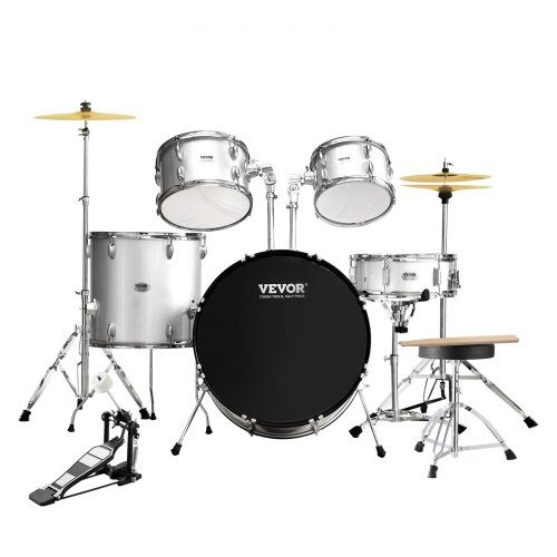 Trumset, 5-delars fullstorlek 22x56 cm, Silver, Justerbar pall Trumset, 5-delars fullstorlek 22x56 cm, Silver, Justerbar pall