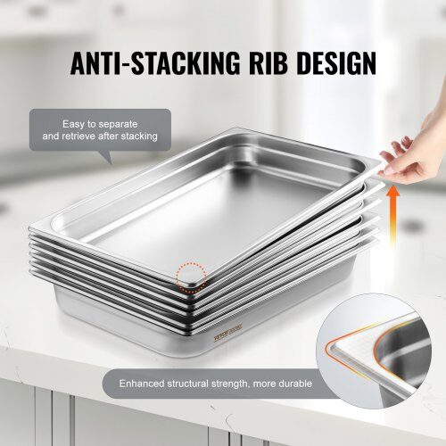 Steam Table Pan, 6-pak fuld størrelse anti-jam, 53x32,8x6,7 cm, rustfrit stål, opbevaring