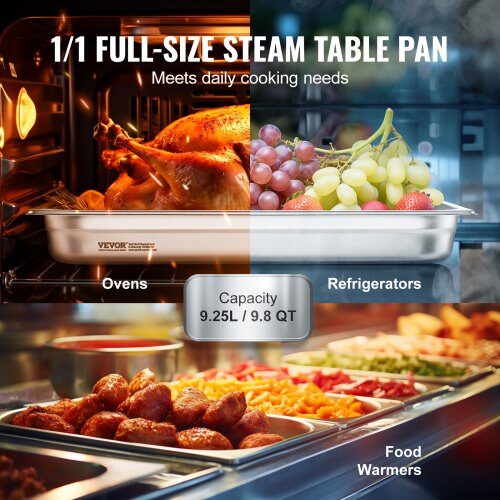 Steam Table Pan, 6-pak fuld størrelse anti-jam, 53x32,8x6,7 cm, rustfrit stål, opbevaring