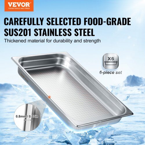 Steam Table Pan, 6-pak fuld størrelse anti-jam, 53x32,8x6,7 cm, rustfrit stål, opbevaring
