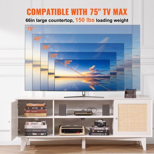 TV-taso, 167.7x39.7x63.6 cm, valkoinen, rottinki