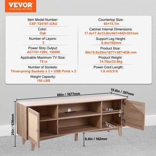 TV-taso, 167.7x39.7x63.6 cm, tammi, rottinki