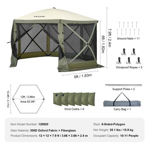 Pavillon telt, 3.66x3.66x2.4 m, Grøn, Myggenet