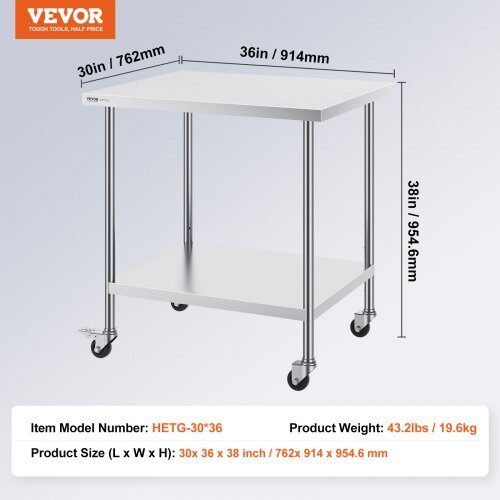 Arbejdsbord, 76.2x91.4x95.5 cm, Sølv, Rustfrit stål