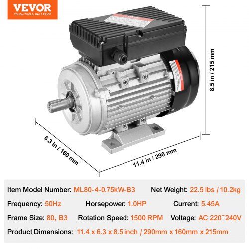 Elektrisk motor, 290x160x215 mm, enfaset, stål