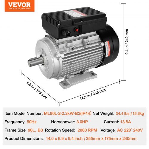 Sähkömoottori, 2.2KW 2800 RPM yksivaiheinen, 35.5x17.5x24 cm, teräs