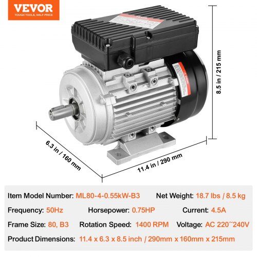 Elektrisk motor 0.55KW 1400 RPM 290x160x215 mm, enfaset, stål