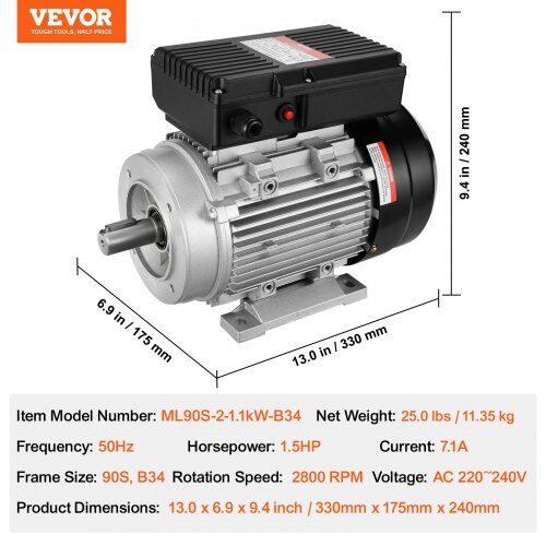 Elektrisk motor, 330x175x240 mm, 1.1KW, enfaset, stål