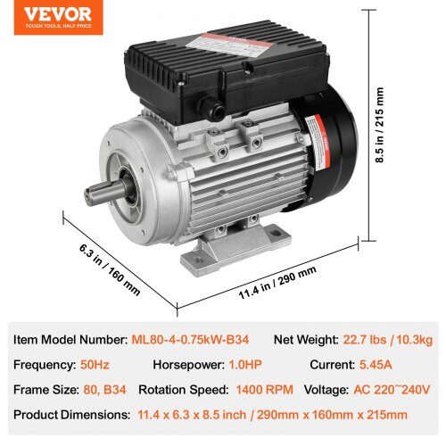 Elektrisk motor, 290x160x215 mm, 0.75 kW, enfas, stål