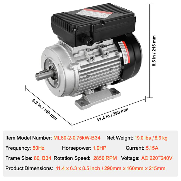 Sähkömoottori, 2.2KW 2800 RPM yksivaiheinen, 34.5x20.5x21.5 cm, teräs