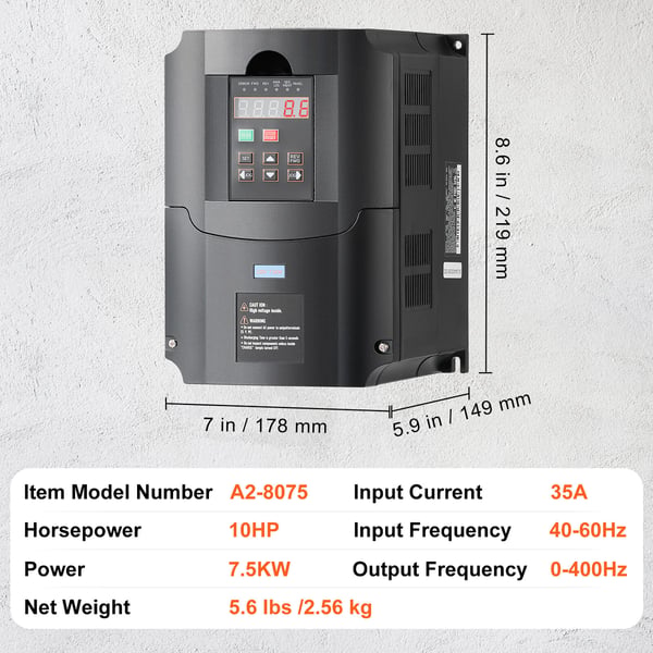 Taajuusmuuttaja, 7.5KW 10HP, 21.9x14.9x17.8 cm, Nopeudensäätö