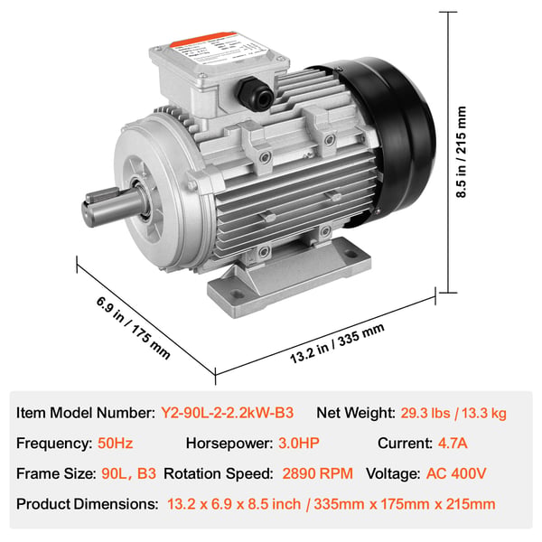 Sähkömoottori, 2.2KW 3-vaihe 2890 RPM 90L B3 runko, 33.5x17.5x21.5 cm