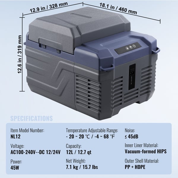Auton jääkaappi, 12 L, 46x32,8x31,9 cm, kannettava pakastin