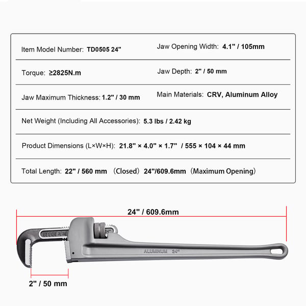 Putkipihdit, 61 cm alumiiniset säädettävät putkipihdit, 30x50x105 mm, hopea, LVI-työkalu
