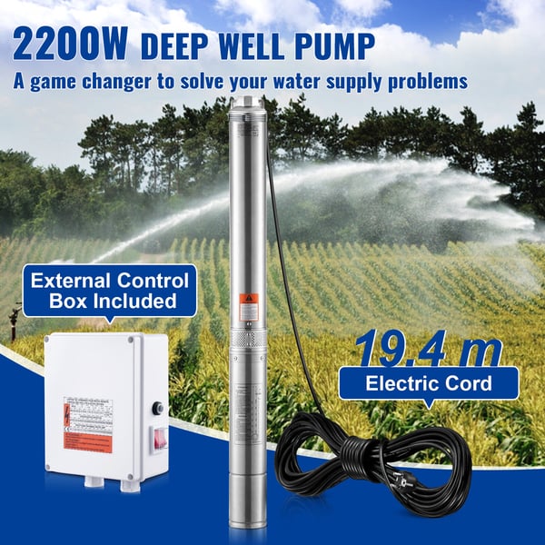 Djupbrunnspump, 2200W, 19,4 m sladd, rostfritt stål, vattenpump