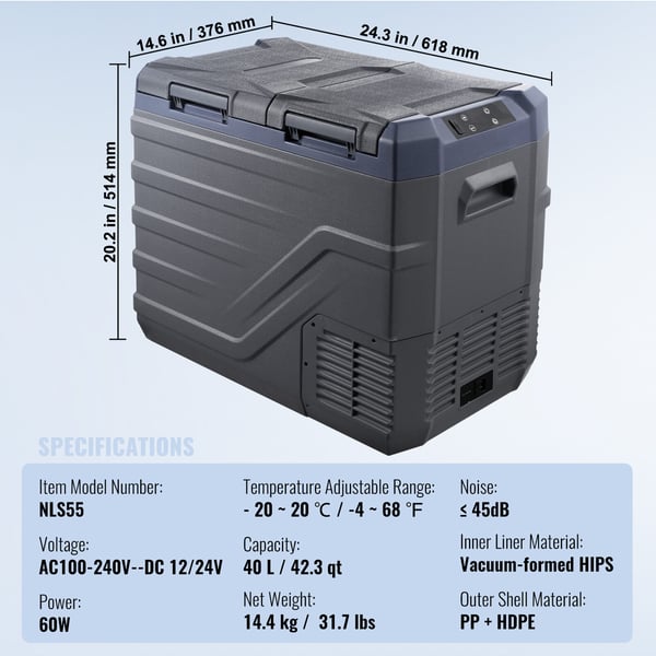 Bilkylar, 40 L dubbelzon portabel frys, 61,8x37,6x51,4 cm, justerbar, förvaring