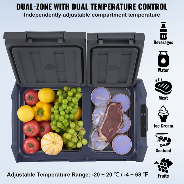 Bil-køleskab, 25 L dobbeltzone bærbar fryser, 61,8x37,6x37,2 cm, justerbart temperaturområde