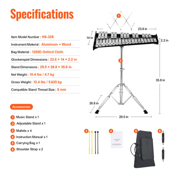 Glockenspiel xylofon, 605x356x55 mm, professionelt slagtøjsinstrument sæt