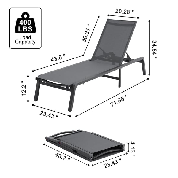 Chaiselongstol, 111x59.5x10.5 cm, mørkegrå, aluminium, justerbar, sammenklappelig
