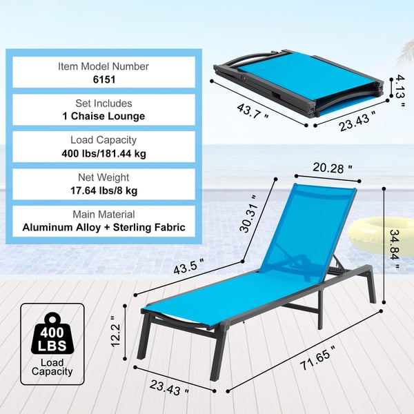 Lehdenluku-tuoli, 111x59.5x10.5 cm, sininen, alumiini, säädettävä, taitettava