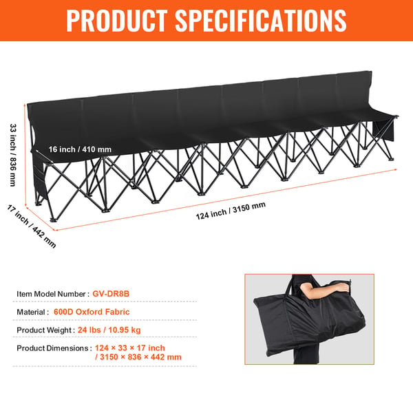 Sammenklappelig bænk, 3150x836x442 mm, Sort, 8-sæders transportabel siddeplads