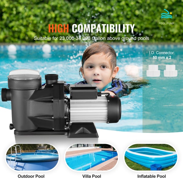 Poolpumpe, 2 HK dobbelt hastighed til overjordisk, energibesparende, 220V-240V, kraftfuld