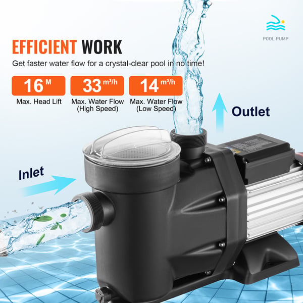 Poolpumpe, 2 HK dobbelt hastighed til overjordisk, energibesparende, 220V-240V, kraftfuld