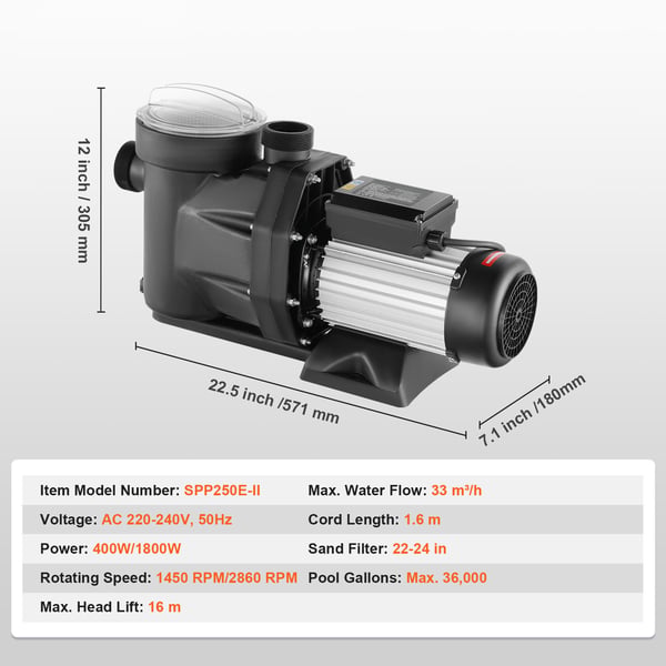 Poolpumpe, 2 HK dobbelt hastighed til overjordisk, energibesparende, 220V-240V, kraftfuld