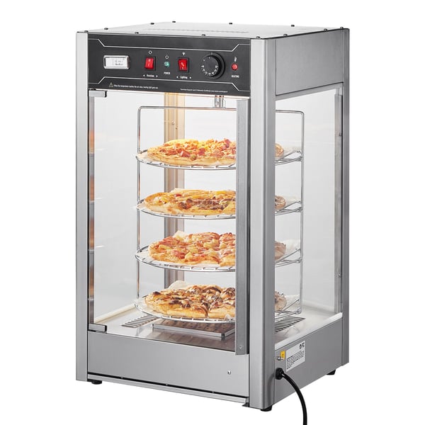 Ruokien lämpövitriini, 4-tasoinen pizzalämmitin, 46,5x46x78 cm, ruostumaton teräs