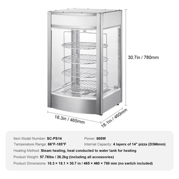 Ruokien lämpövitriini, 4-tasoinen pizzalämmitin, 46,5x46x78 cm, ruostumaton teräs
