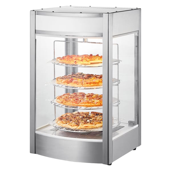 Ruokien lämpövitriini, 4-tasoinen pizzalämmitin, 46,5x46x78 cm, ruostumaton teräs