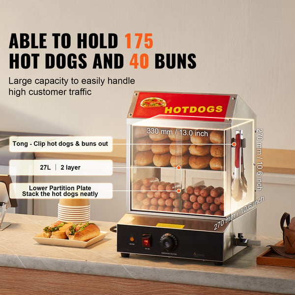 Hotdogdamper, 34,5x38x51 cm, rustfrit stål, elektrisk brødvarmer