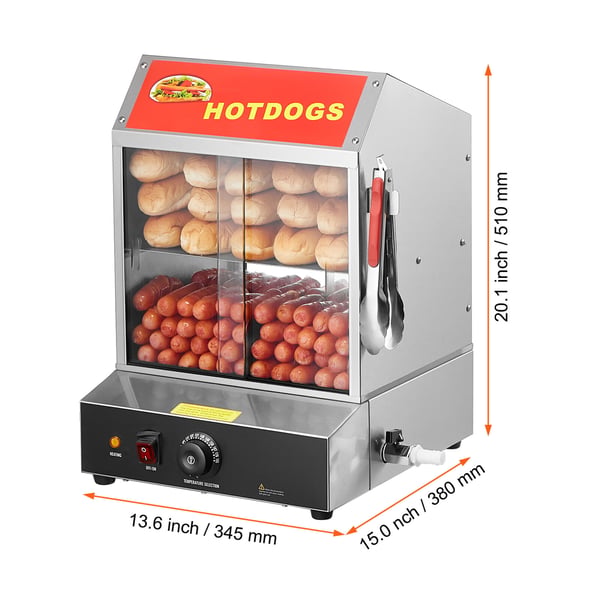 Hotdogdamper, 34,5x38x51 cm, rustfrit stål, elektrisk brødvarmer