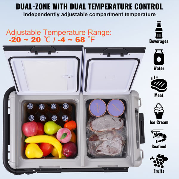 Bil-kylskåp, 40 L dubbla zoner portabel frys, 70,8x44x47,3 cm, justerbar temperatur