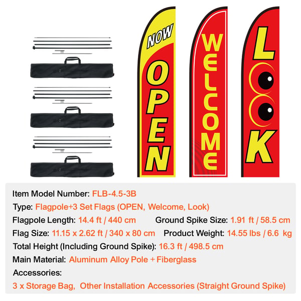 Reklameflag-sæt, 3 flag med stænger 340x80 cm, 498,5 cm, sort, udendørs