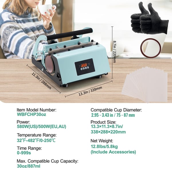 Tumbler-lämpöprässi, 311,8-850,5 g, vihreä, sublimaatio