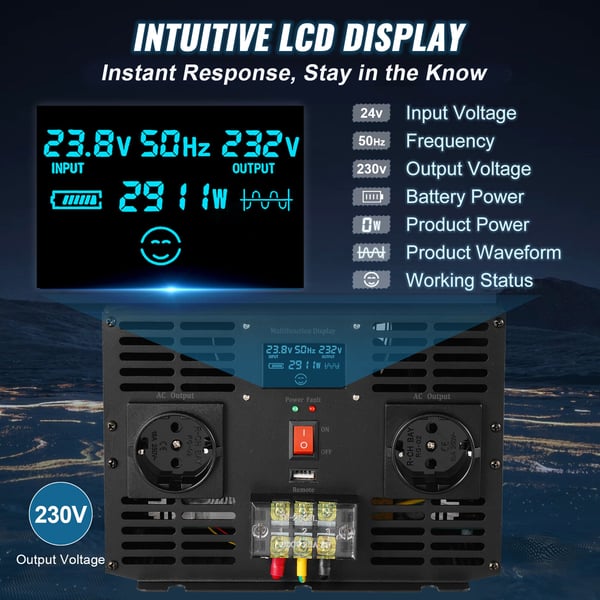 Invertteri, puhdas siniaalto 3000W 24V DC - 230V AC, 40.6x20.5x14.7 cm