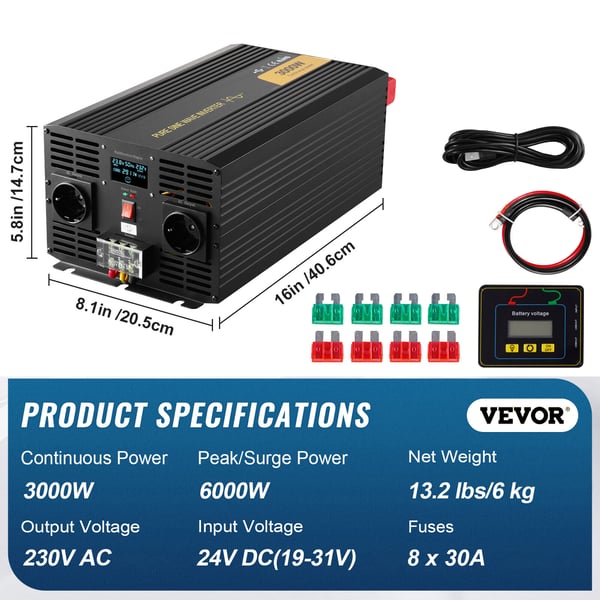 Invertteri, puhdas siniaalto 3000W 24V DC - 230V AC, 40.6x20.5x14.7 cm