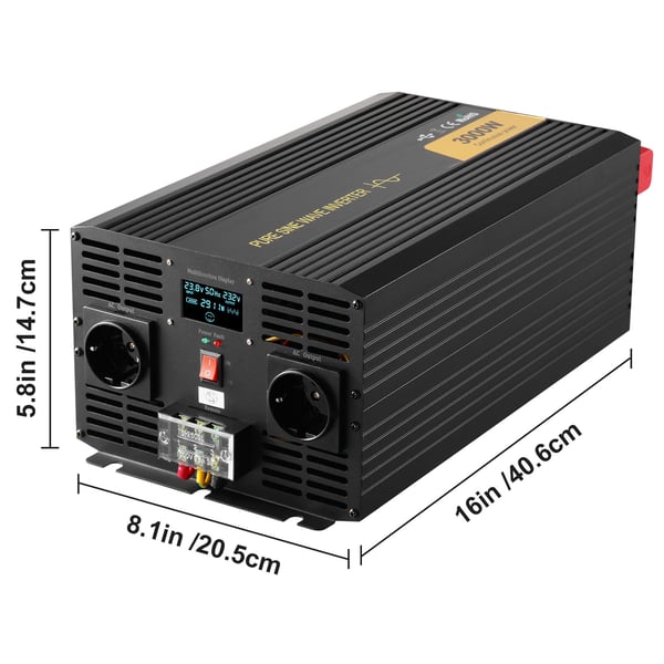 Invertteri, puhdas siniaalto 3000W 24V DC - 230V AC, 40.6x20.5x14.7 cm