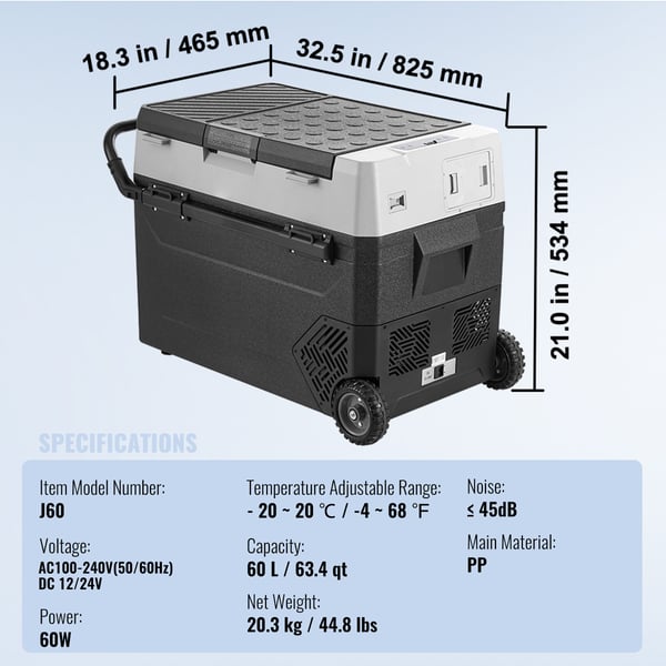 Auton jääkaappi, 60 L, 82.5x46.5x53.4 cm, kannettava, säädettävä lämpötila, kompressorikylmälaite