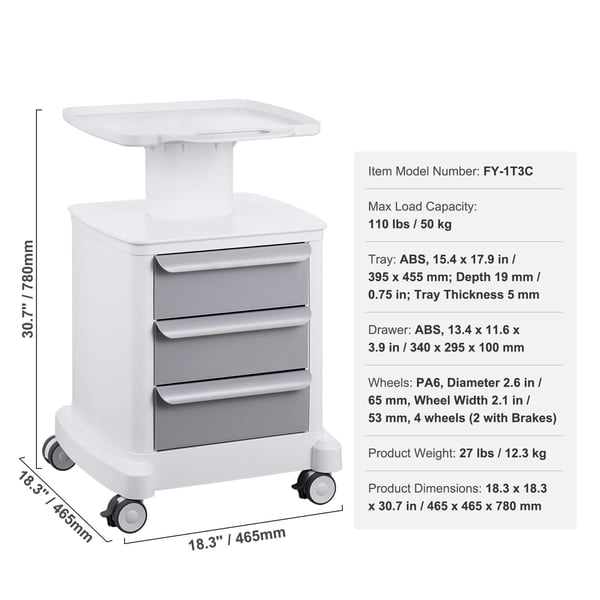 Laboratorievogn, 4 niveauer med 3 skuffer og topbakke, 46,5x46,5x78 cm, hvid, ABS-materiale