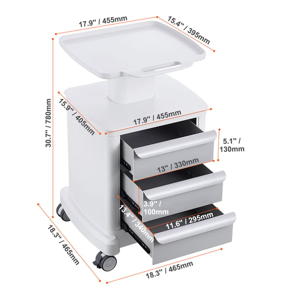 Laboratorievogn, 4 niveauer med 3 skuffer og topbakke, 46,5x46,5x78 cm, hvid, ABS-materiale