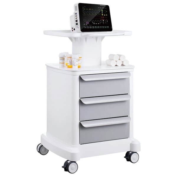 Laboratorievogn, 4 niveauer med 3 skuffer og topbakke, 46,5x46,5x78 cm, hvid, ABS-materiale