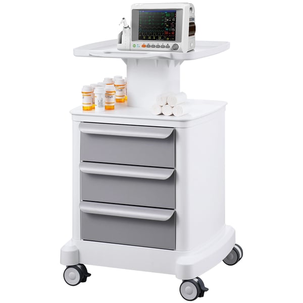 Laboratorievogn, 4 niveauer med 3 skuffer og topbakke, 46,5x46,5x78 cm, hvid, ABS-materiale
