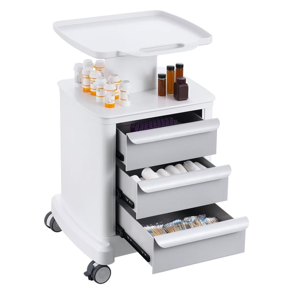 Laboratorievogn, 4 niveauer med 3 skuffer og topbakke, 46,5x46,5x78 cm, hvid, ABS-materiale