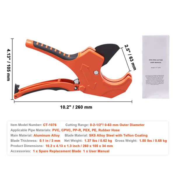 Putkileikkuri, 0-63 mm räikkätoiminen PVC-putkileikkuri, 27x12x4 cm, raskaan käytön työkalu