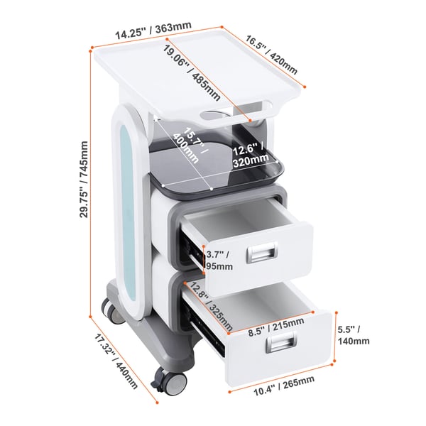 Laboratorievogn, 3 niveauer, 485x363x745 cm, hvid, ABS-materiale