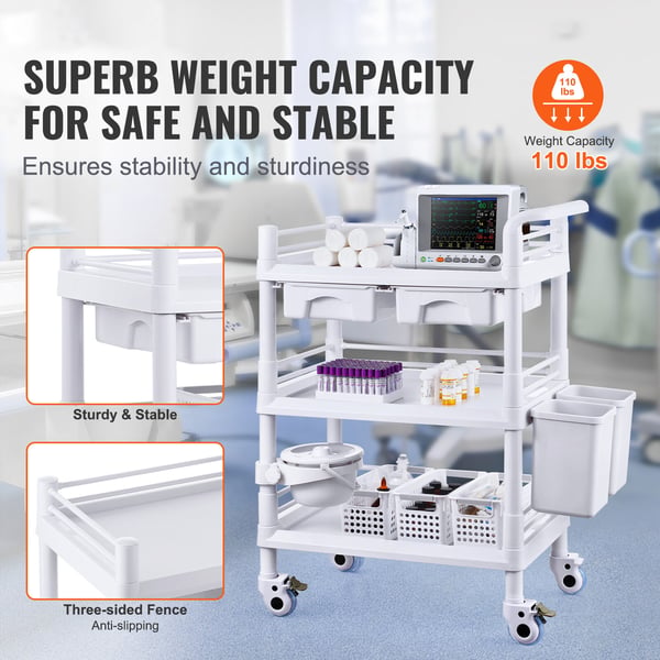 Laboratorievogn, 3 niveauer, 70,5x44,5x97 cm, hvid, opbevaring