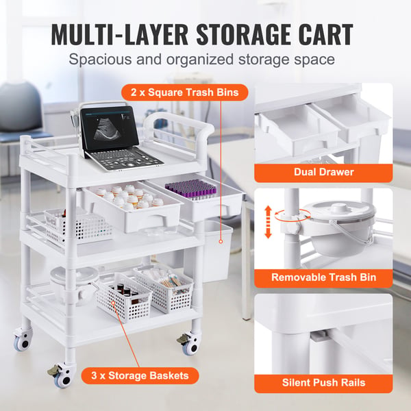 Laboratorievogn, 3 niveauer, 70,5x44,5x97 cm, hvid, opbevaring