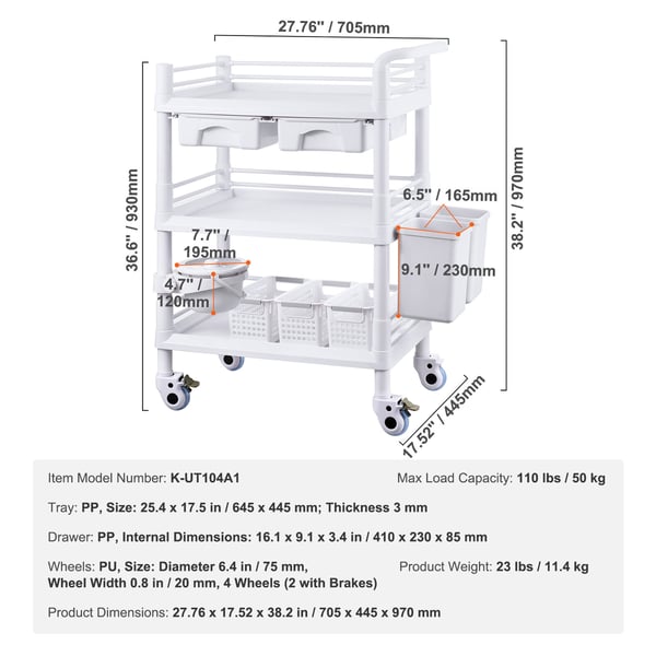 Laboratorievogn, 3 niveauer, 70,5x44,5x97 cm, hvid, opbevaring
